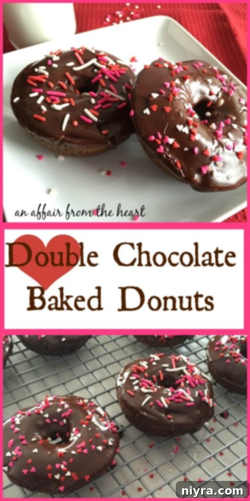 Double Chocolate Baked Donuts with glossy glaze and decorative sprinkles on a styled background for Pinterest sharing
