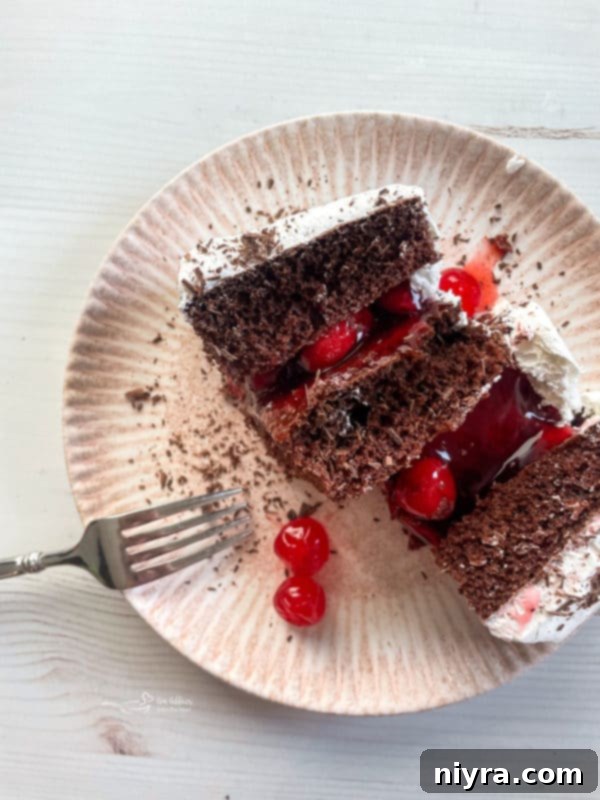 A perfectly sliced piece of Black Forest Cake on a white plate, adorned with a fork, showing its distinct layers of moist chocolate cake, rich cherry filling, and fluffy white topping.