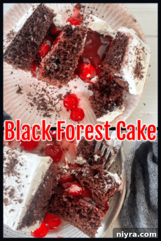 A collage of two images showing a beautifully plated slice of Black Forest Cake, emphasizing its moist layers and creamy topping, with text overlay.