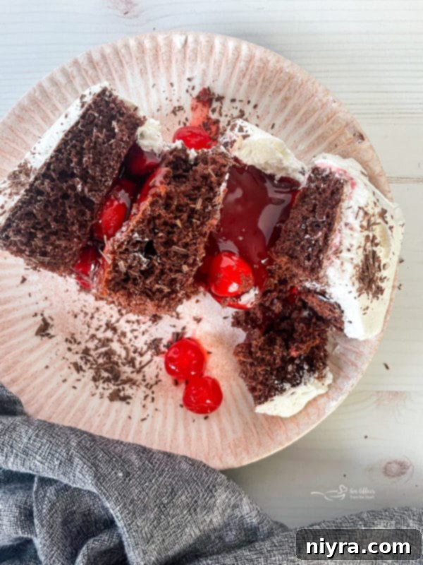 A pristine slice of Black Forest Cake on a white plate, showcasing its beautiful layers and ready to be enjoyed.