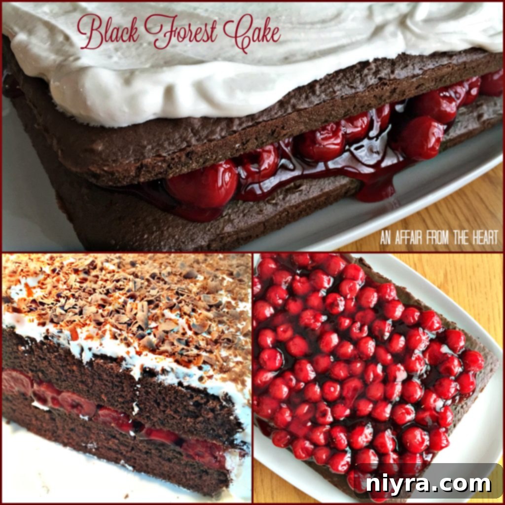 A stunning Black Forest Cake, garnished with fresh cherries and chocolate shavings, presented in full for a festive occasion.