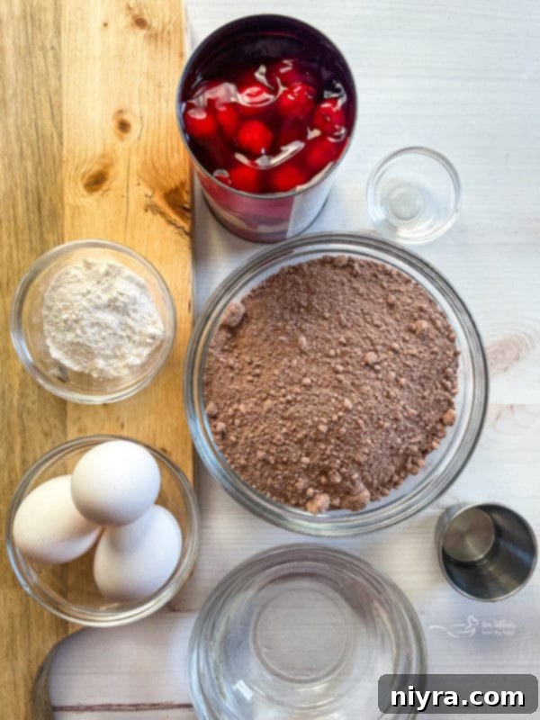 A collection of ingredients laid out: cherries, cocoa powder, eggs, oil, and water, ready for baking this delicious Black Forest Cake.