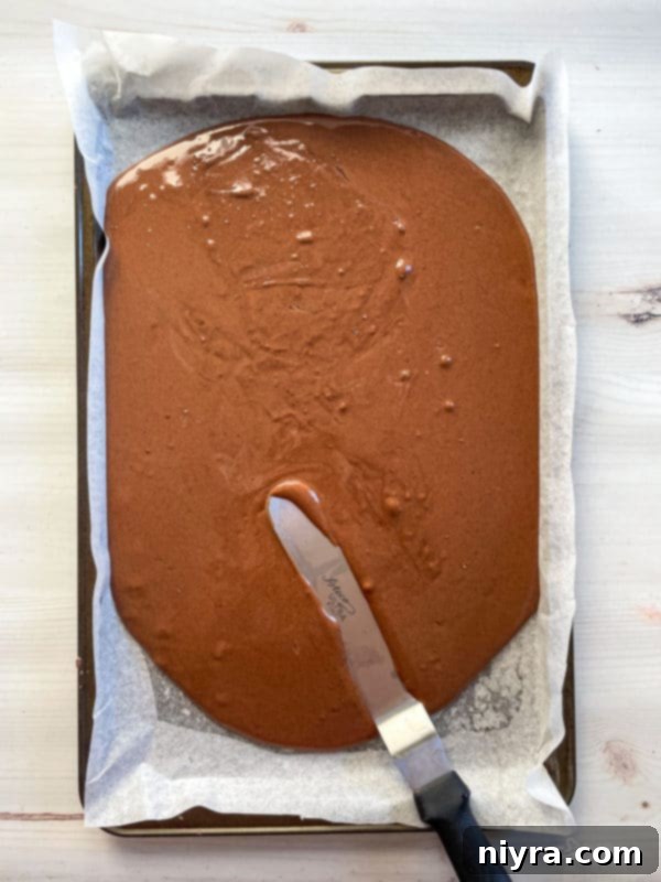 Smooth chocolate cake batter spread evenly in a prepared baking sheet, ready to be baked into a delicious cake base.