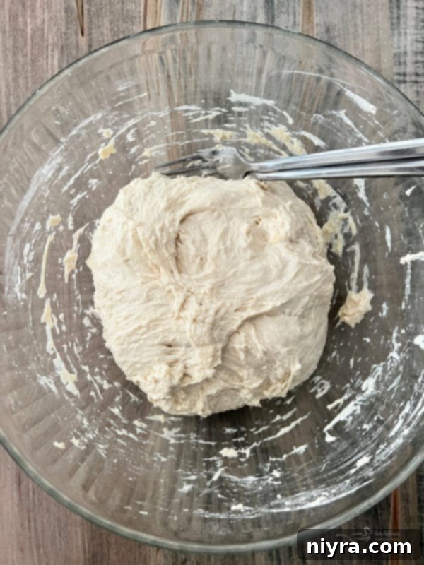 mixed peasant bread dough in bowl with fork