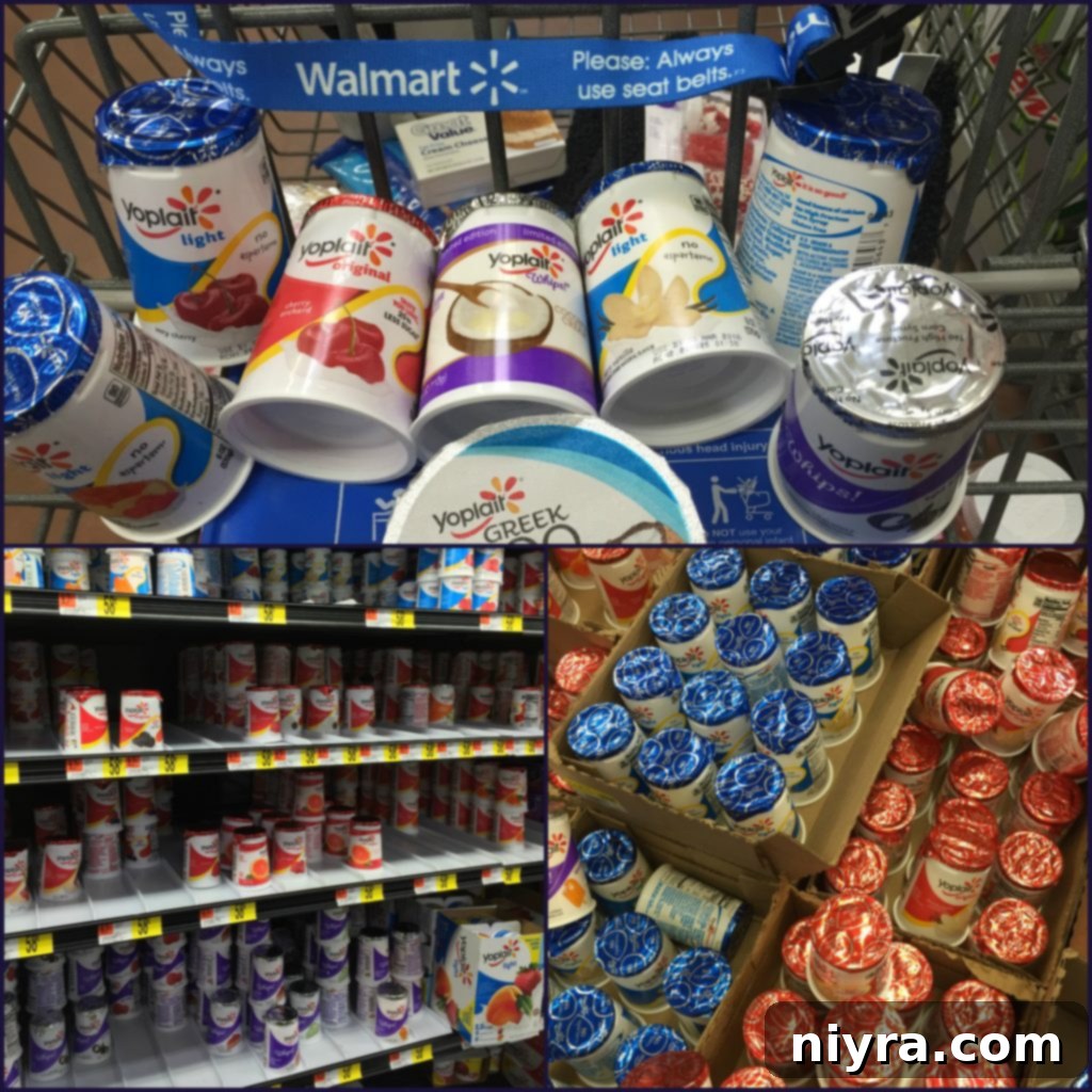 A display of Yoplait yogurt cups arranged attractively, perhaps on a grocery store shelf, emphasizing variety.