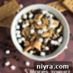 S'Mores Yogurt in a white bowl with text 