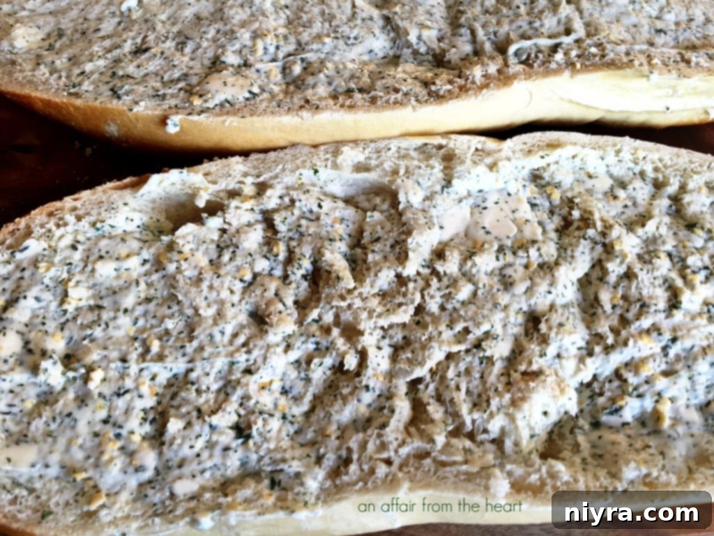 Four cheese mixture generously applied to garlic buttered Italian bread