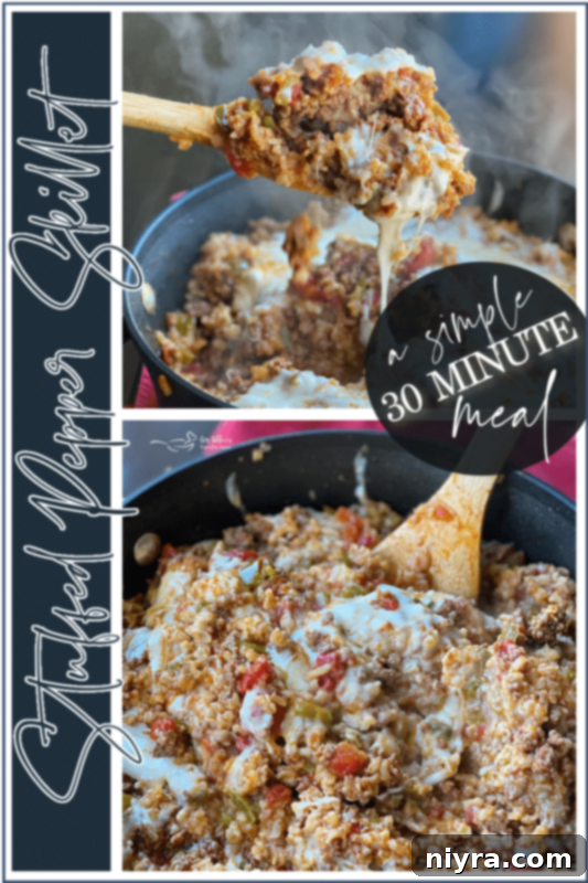 Stuffed Pepper Skillet pin for Pinterest from An Affair from the Heart, featuring the dish and recipe title.