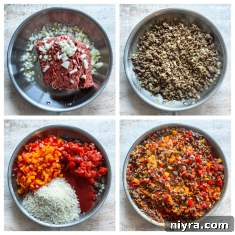A step-by-step image showing how to brown ground beef and onions in a large skillet, the first stage of making Stuffed Pepper Skillet.