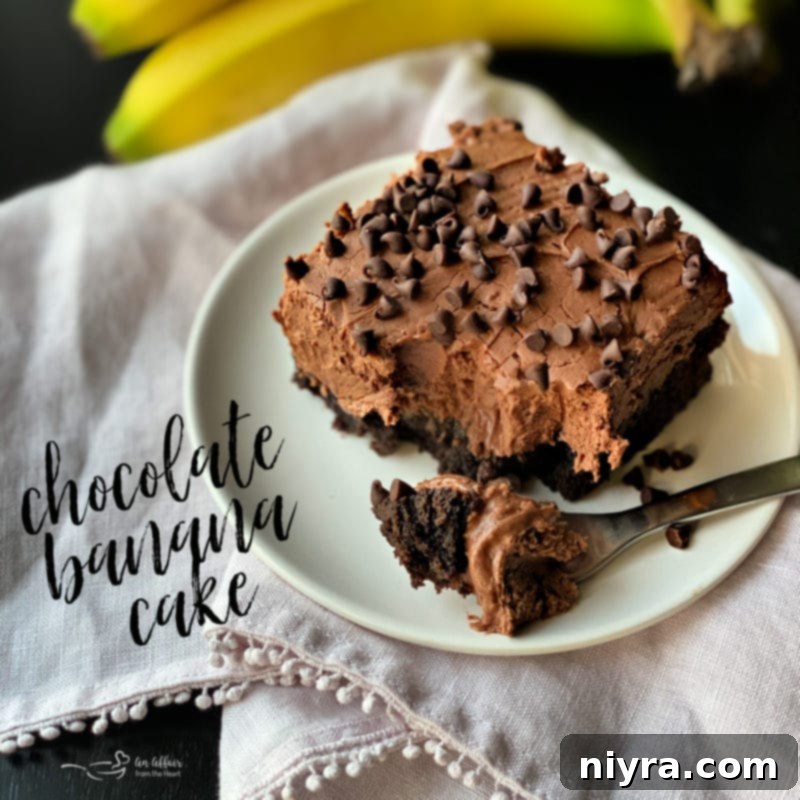 Decadent Chocolate Banana Bake 8 Overhead view of a beautiful Chocolate Banana Cake with a slice removed
