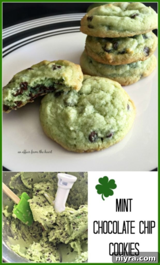 Refreshing Mint Chocolate Chip Cookies 3 Stack of Mint Chocolate Chip Cookies on a white plate with a green napkin