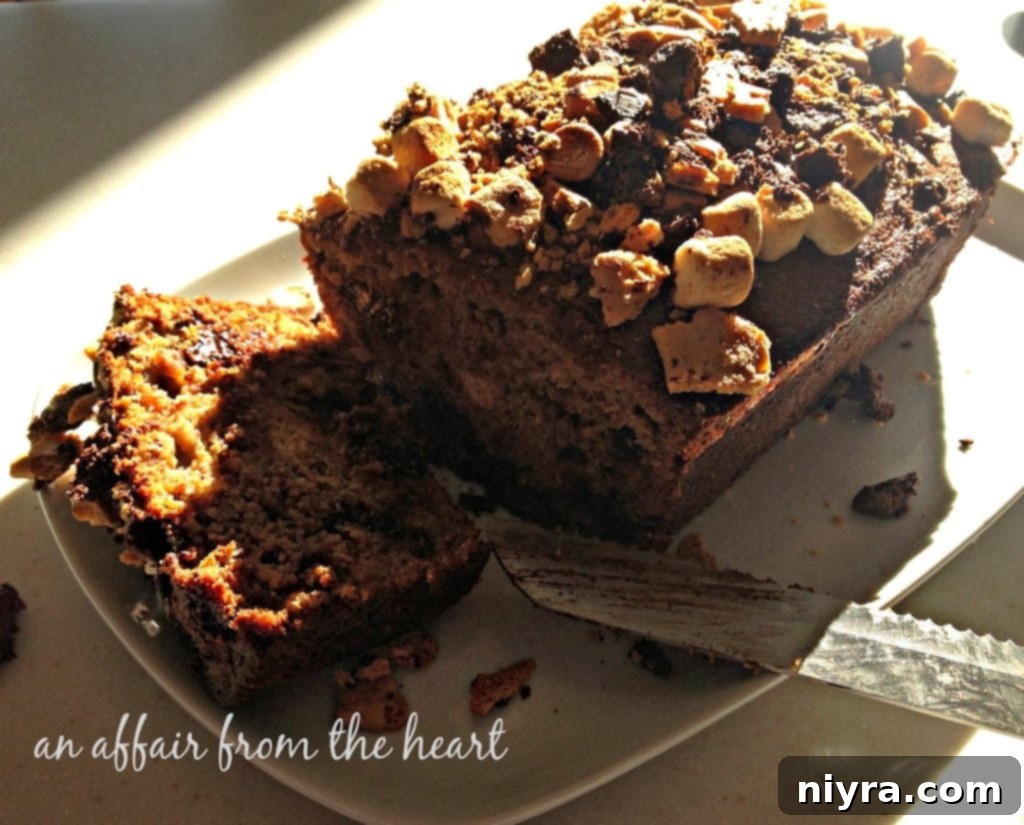 Close-up of S'mores Banana Bread showing melted chocolate and marshmallows