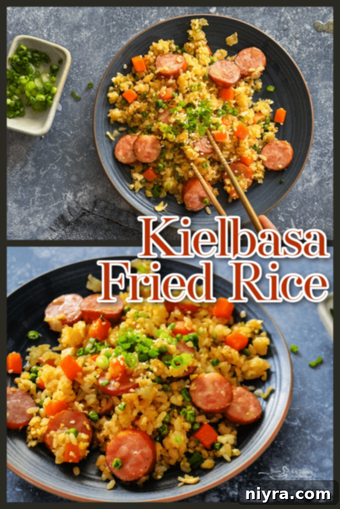 Close-up of Kielbasa Fried Rice with a wooden spoon in a skillet.
