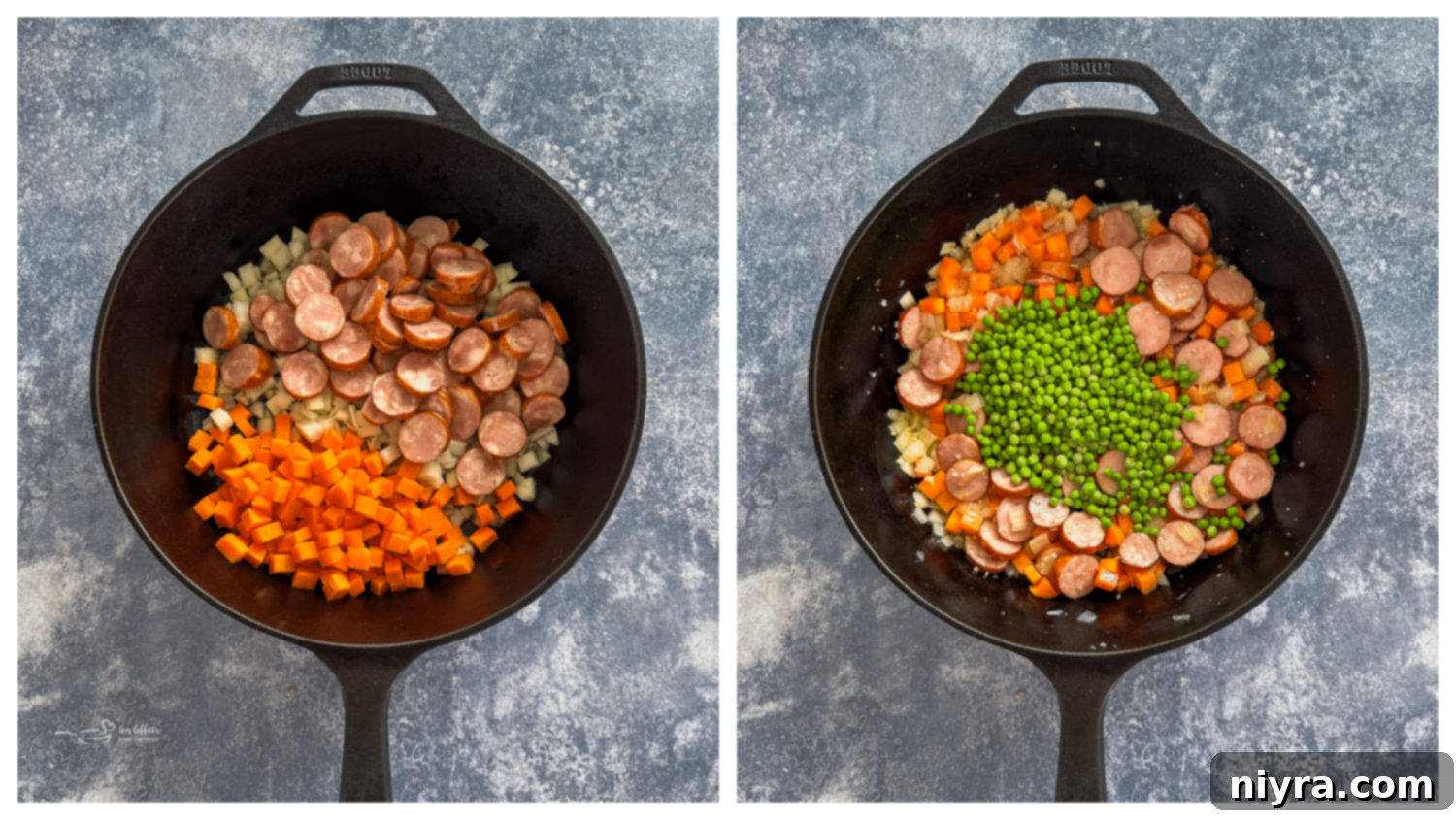 Step 1: Sautéing sliced kielbasa, onion, and garlic in a skillet with sesame oil.