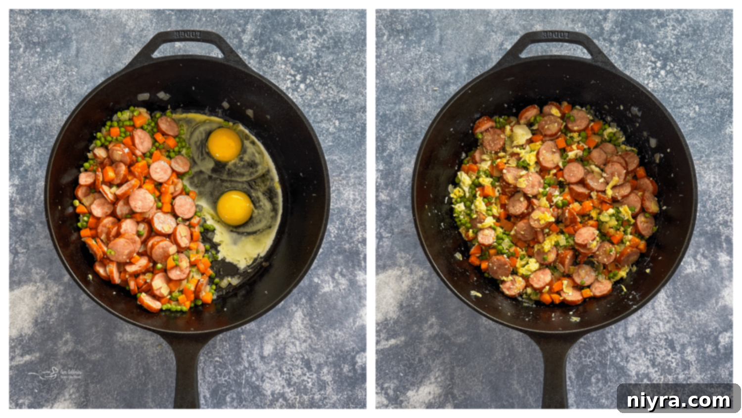 Step 2: Adding carrots and peas to the skillet with kielbasa, onion, and garlic, then continuing to sauté.