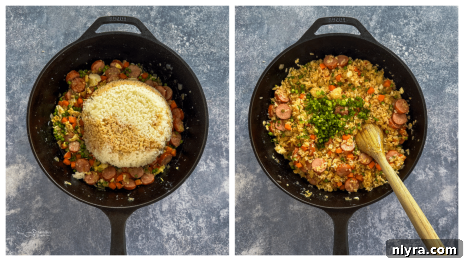 Step 3: Pushing kielbasa and veggies to one side, adding more sesame oil, and scrambling eggs in the empty space before mixing.