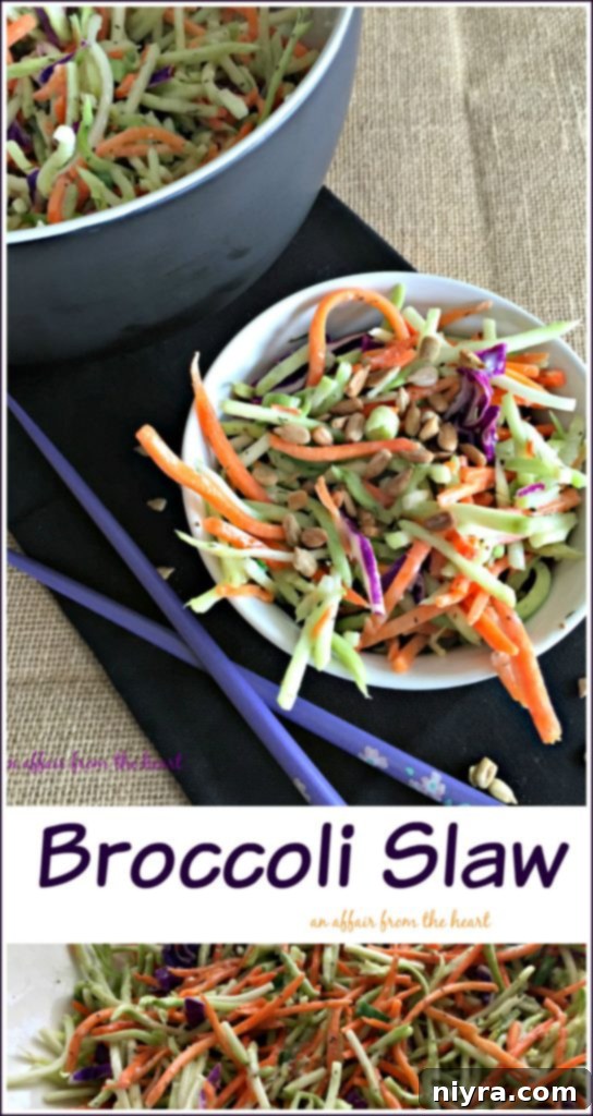 Crunchy Broccoli Slaw 5 Garnished Broccoli Slaw in a bowl with a serving spoon, ready to be enjoyed