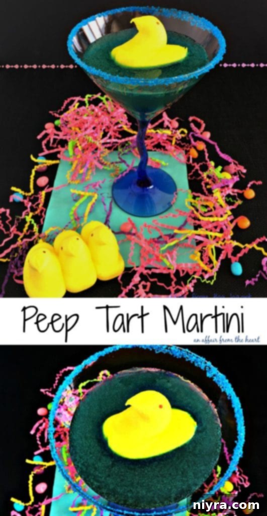 A top-down view of the Peep Tart Martini, showing the complete festive presentation with the Peep chick, ideal for sharing on social media.