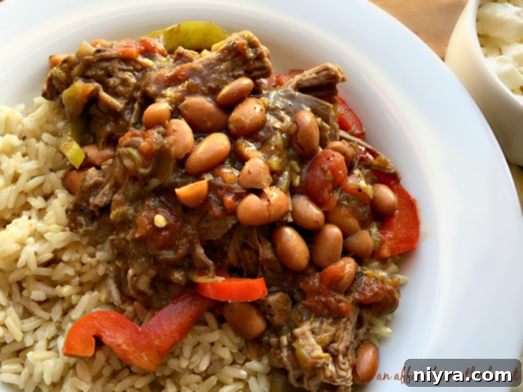 Top-down view of Crock Pot Spicy Steak & Beans with rice and toppings