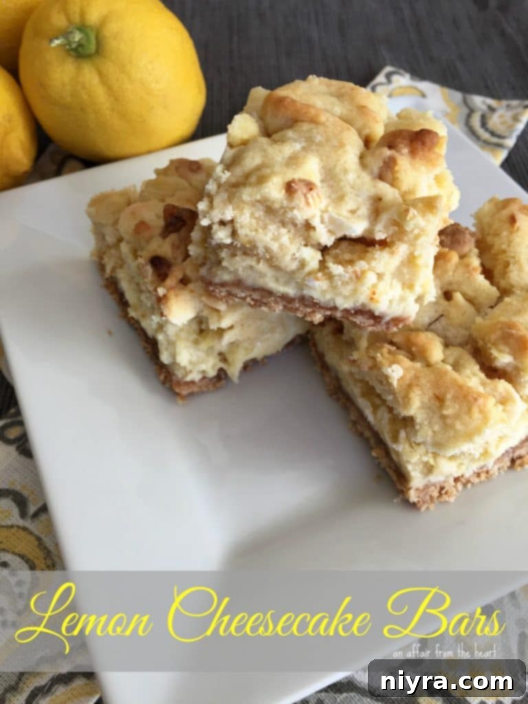 Zesty Lemon Cheesecake Bars 2 Delicious Lemon Cheesecake Bars, layered with Nilla wafer crust, creamy lemon cheesecake, and a lemon white chocolate chip cookie topping.