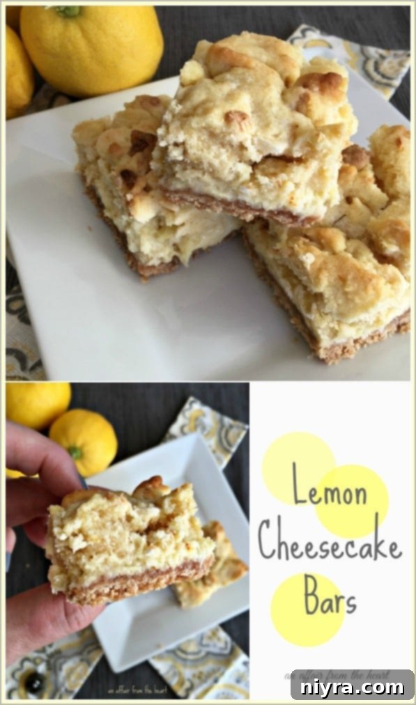 Zesty Lemon Cheesecake Bars 3 Overhead shot of Lemon Cheesecake Bars, highlighting their distinct layers.