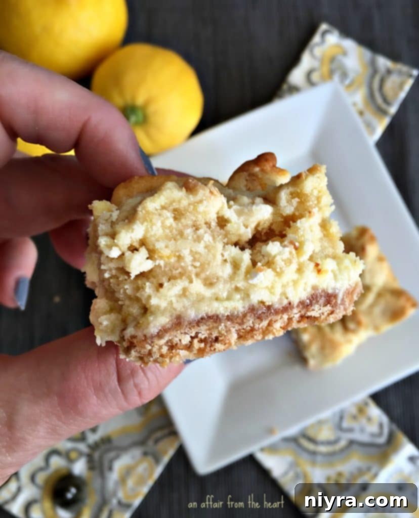 Zesty Lemon Cheesecake Bars 4 Close-up of a single Lemon Cheesecake Bar, showing the crispy crust and creamy filling.