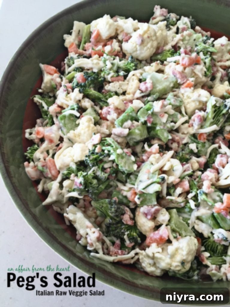 Pegs Fresh Italian Vegetable Salad 16 Peg's Salad - Italian Raw Veggie Salad, arranged artfully in a serving bowl with fresh herbs