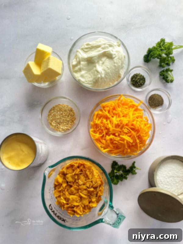 Ingredients for Funeral Potatoes laid out on a kitchen counter