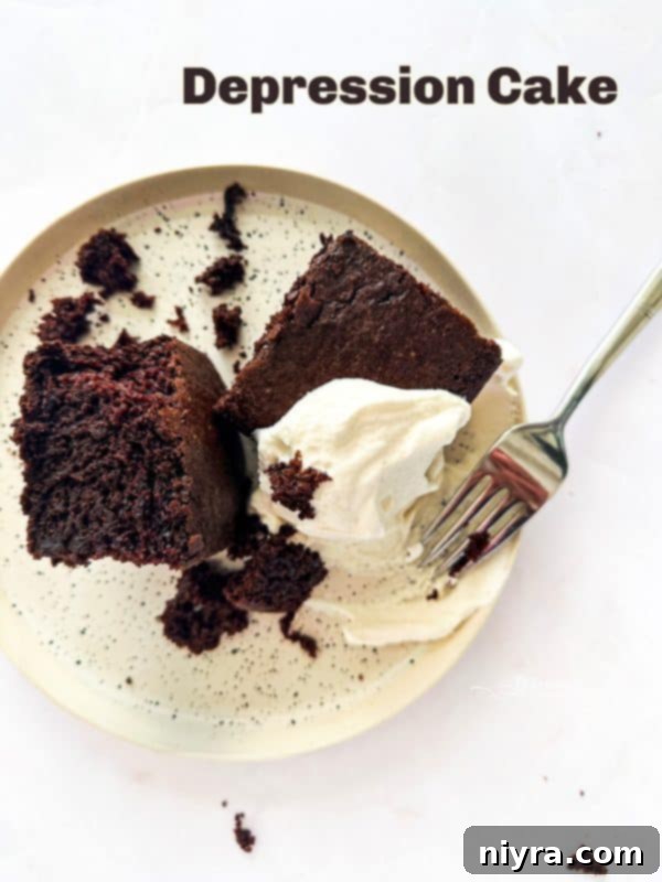 A slice of Depression Cake on a white plate with a bowl of ice cream in the background