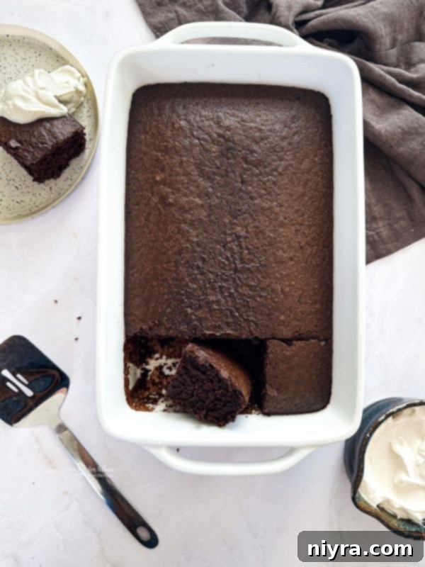 Close-up of a square slice of Depression Cake with chocolate frosting
