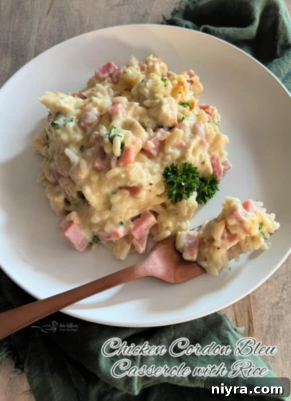 Hero shot of creamy Chicken Cordon Bleu Casserole with Rice