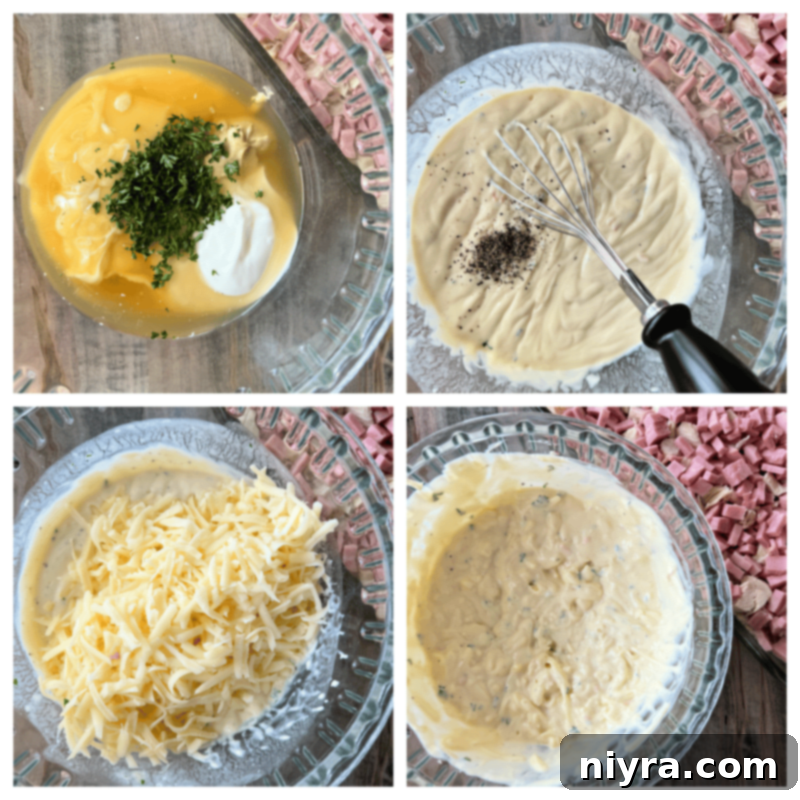 Mixing soup, sour cream, chicken stock, mustard, and parsley in a bowl
