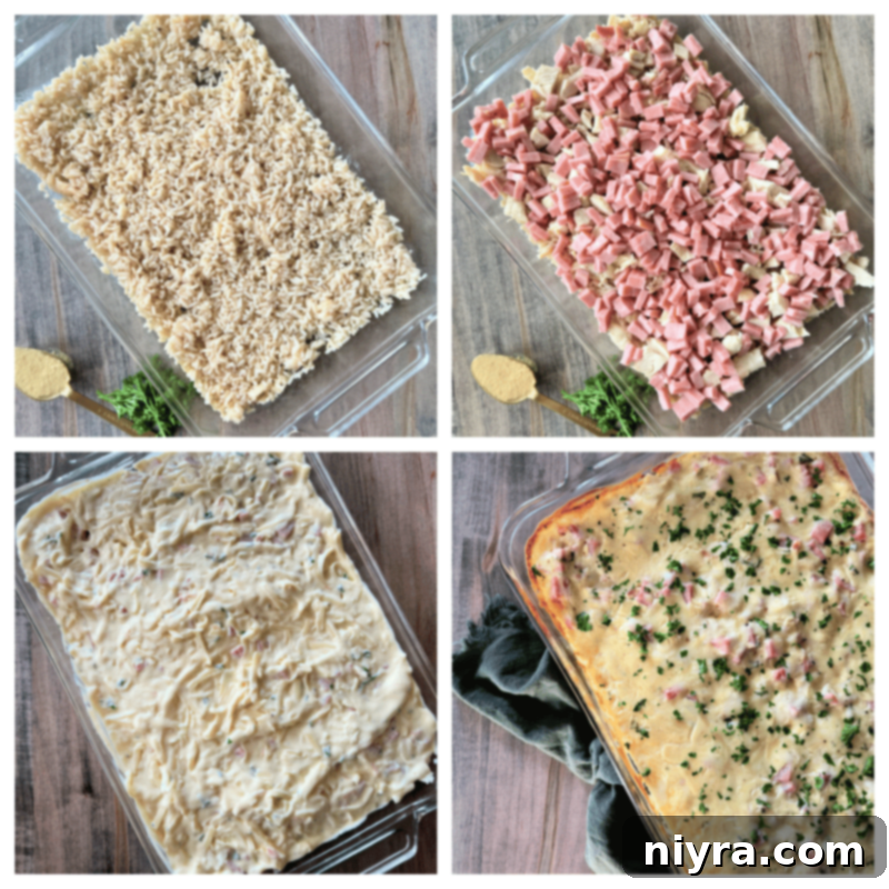 Layering rice, chicken, and ham in a baking dish