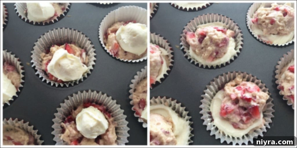 Process photo showing muffin batter and cheesecake filling being layered into muffin cups