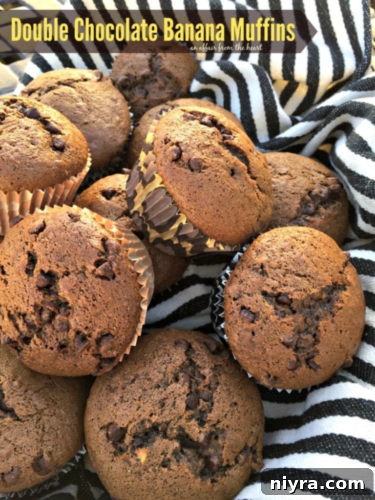 Perfectly baked, moist double chocolate banana muffins with a rich brown color and visible chocolate chips.