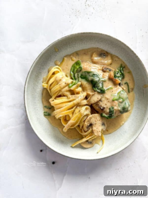 Overhead view of Chicken Mushroom Florentine Pasta
