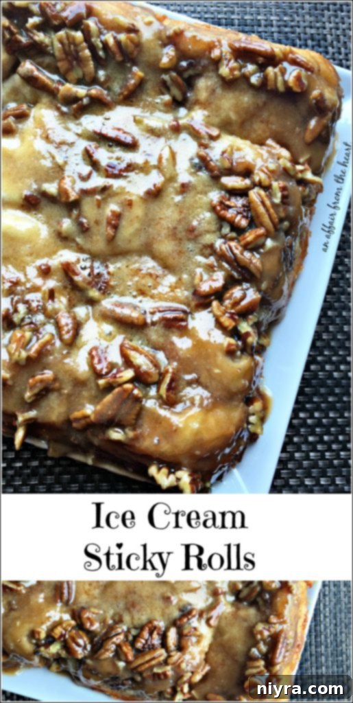 Overhead view of Ice Cream Sticky Rolls with caramel and pecans