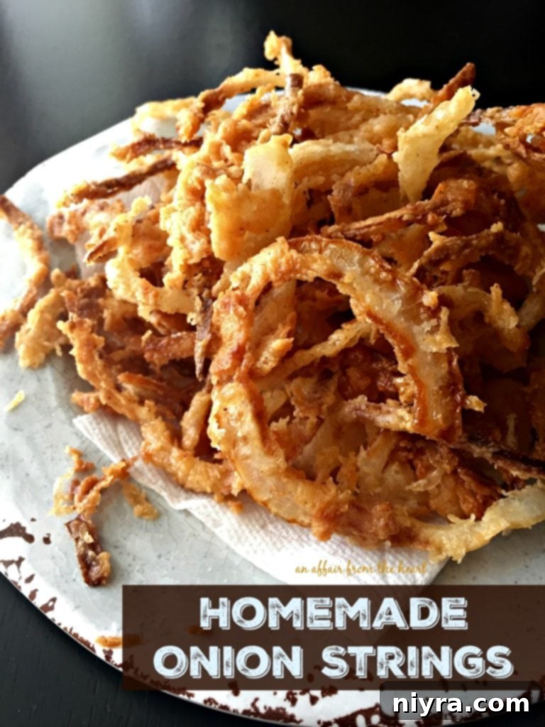 Hero image of freshly made Homemade Onion Strings, emphasizing their inviting appearance.