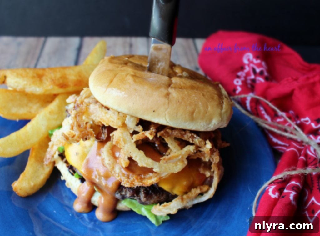 Western Burgers topped with crispy onion strings, bacon, and BBQ mayo