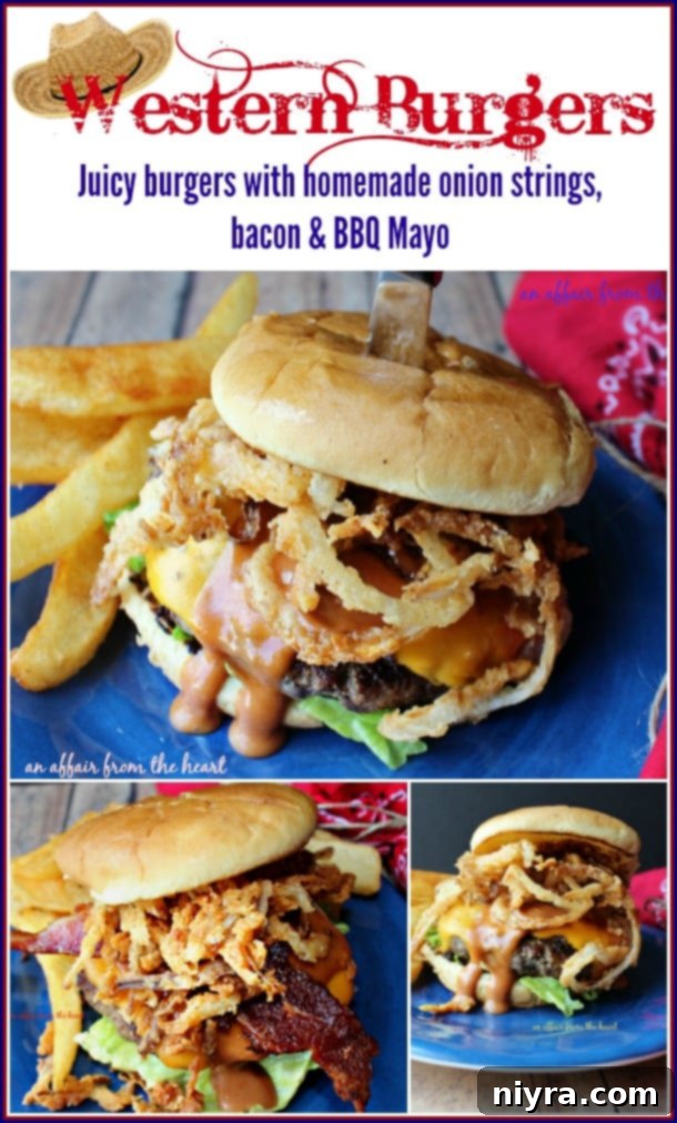 Close-up of a Western Burger with melted cheese, bacon, and onion strings