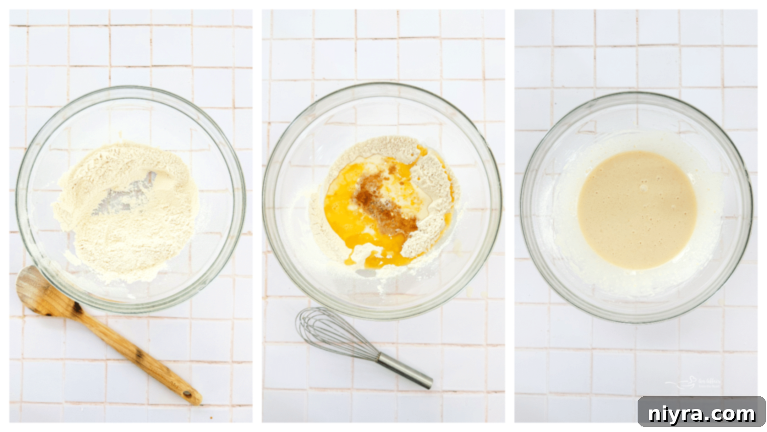 Instructional image showing flour and sugar sifted into a bowl, with a well created in the center for eggs.