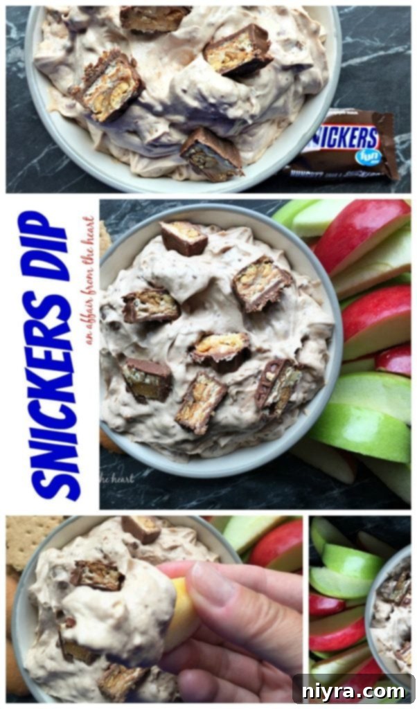 Delicious Snickers Dip by An Affair from the Heart, garnished and ready to serve