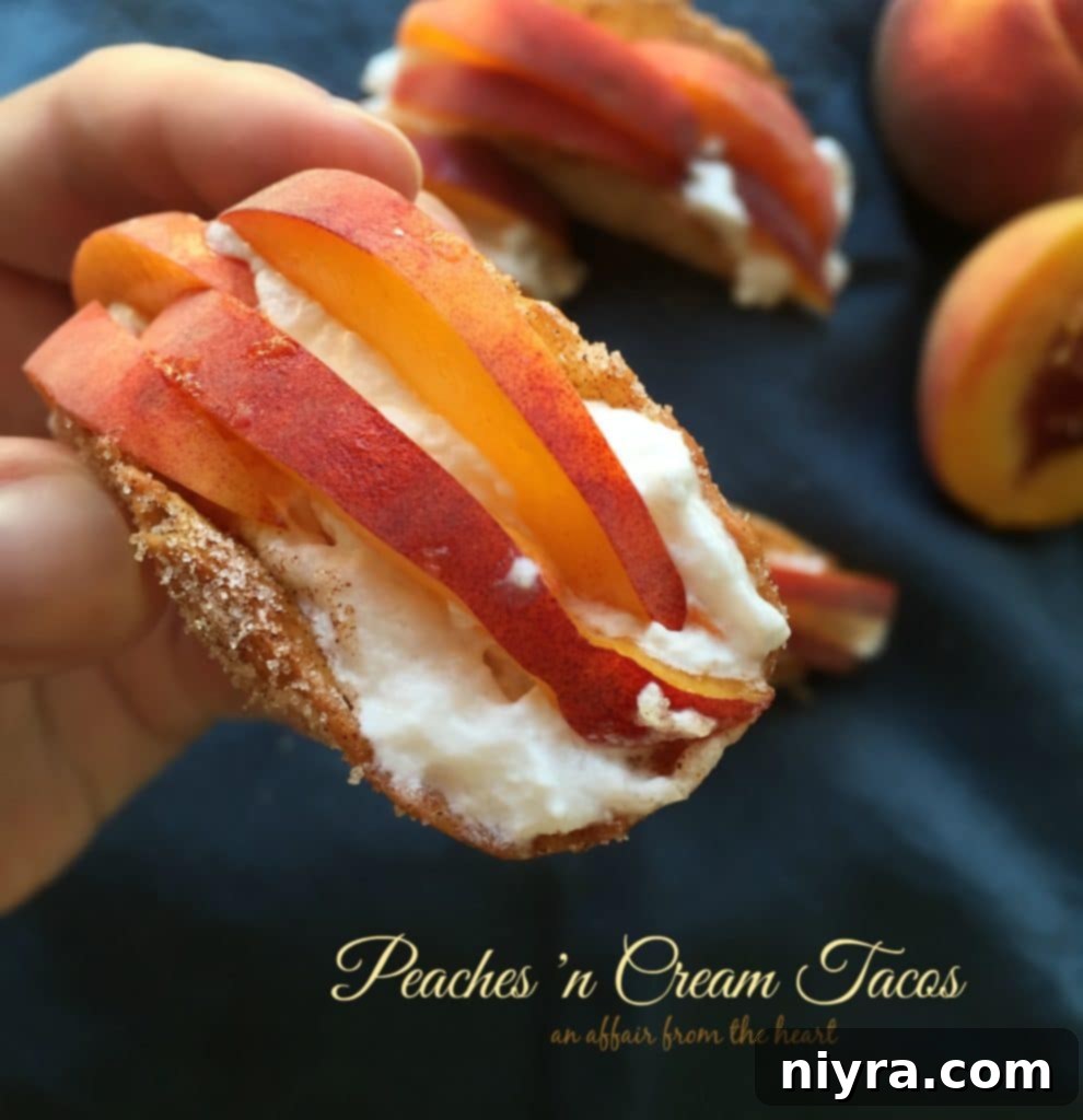 Close-up of a Peaches 'n Cream Churro Taco, highlighting the cinnamon-sugar shell and fresh peach slices, with a hint of whipped cream.
