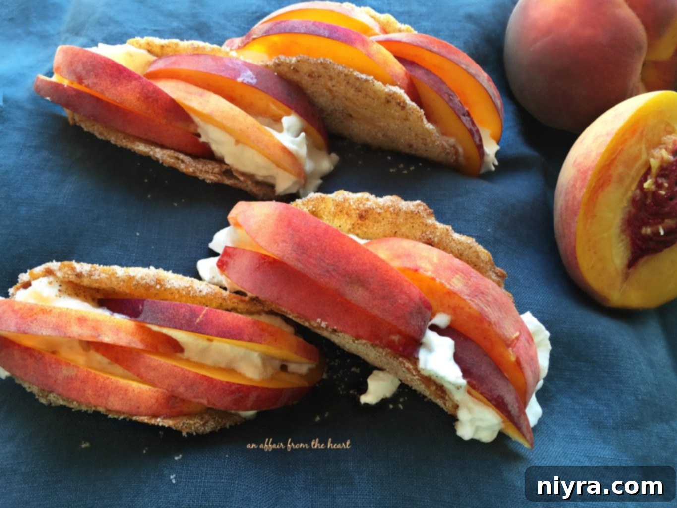 Overhead shot of freshly sliced peaches arranged on a cutting board, ready to be incorporated into the dessert tacos.
