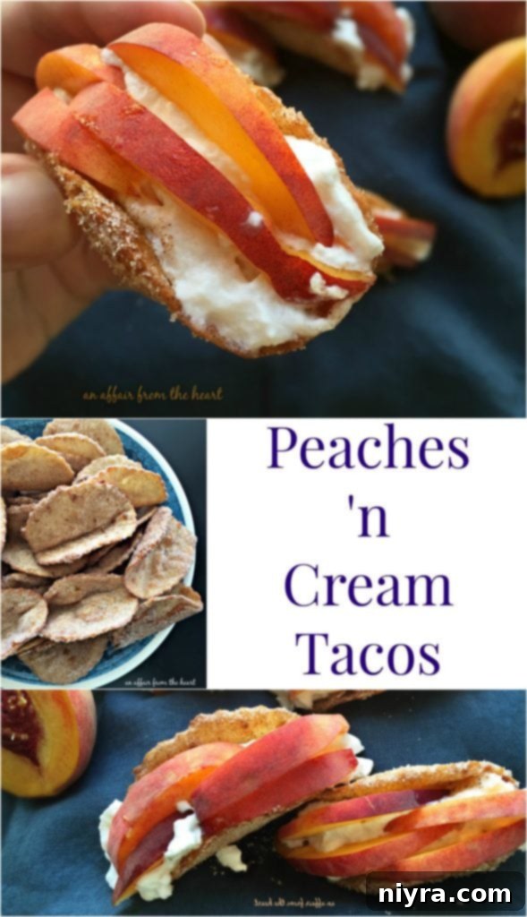 Beautifully arranged Peaches 'n Cream Tacos on a pristine white plate, garnished and ready for a sweet indulgence.