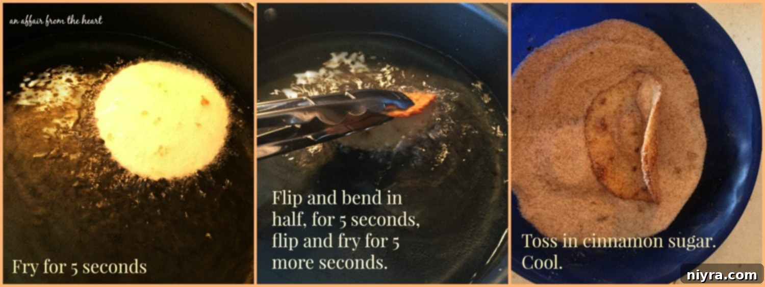 Close-up of small tortilla rounds being fried in hot oil, showing the transformation into crisp taco shells.