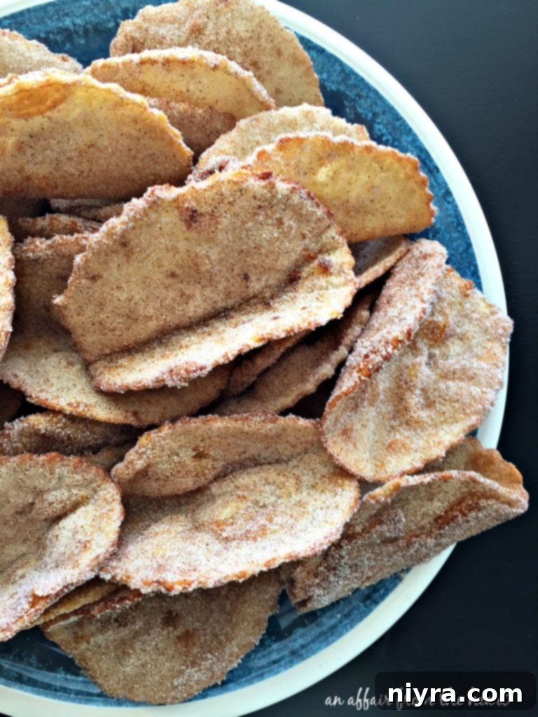 A tray filled with golden-brown, cinnamon-sugar dusted taco shells, waiting for their sweet fillings.