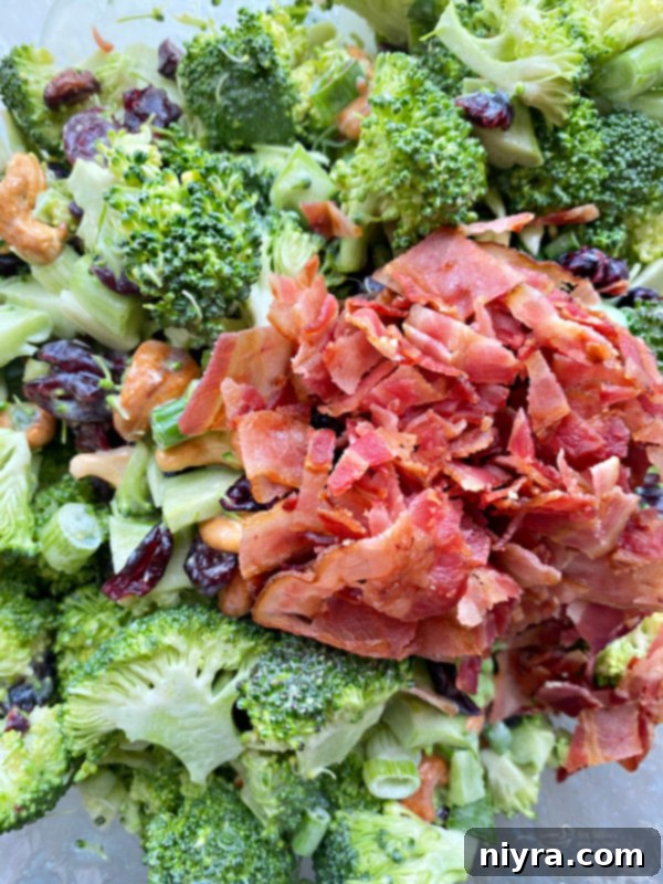 Top view of broccoli salad with bacon