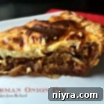 German Onion Tart 11 Close up of pie with text "German Onion Pie {Zwiebelkuchen}"