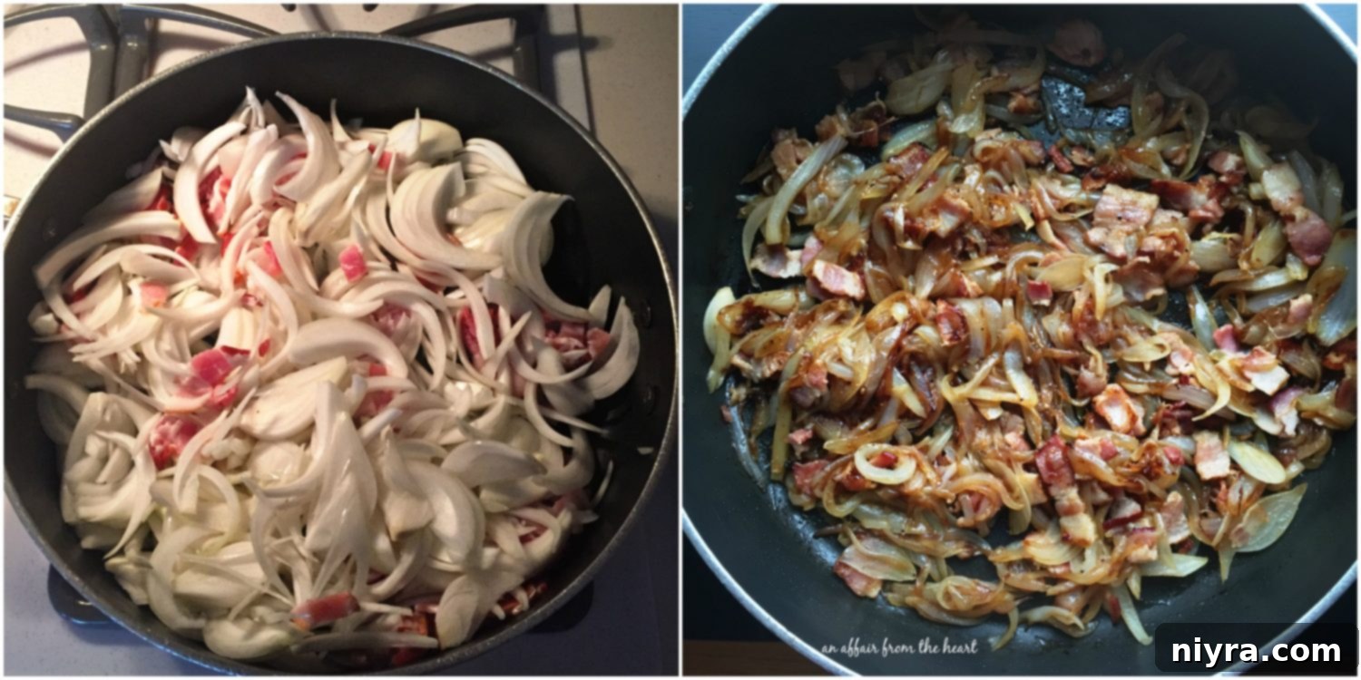 German Onion Tart 5 Sliced onions prepared for cooking, the essential base for a savory onion pie.